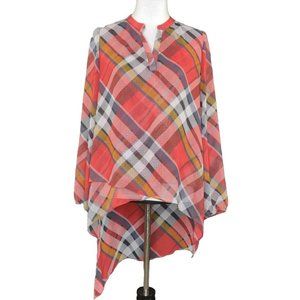 JOSEPH RIBKOFF Top Size 8 Red Plaid Long Sleeve High Low Sheer Flowy